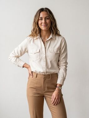 Aerie Cream Denim Western Snap Button Down Shirt Large Coastal Cowgirl Boho Chic